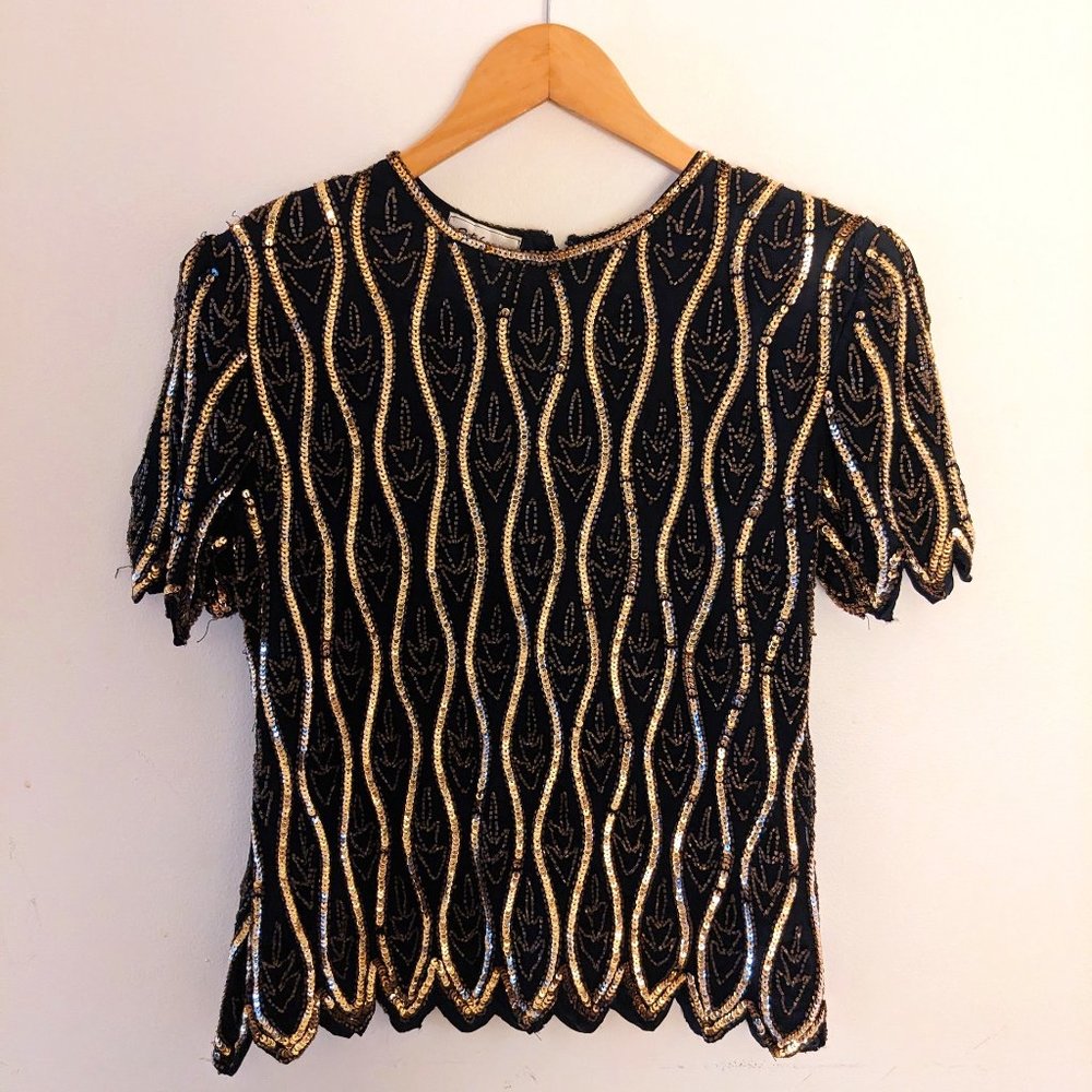Stenay - Black and Gold Short Sleeve Blouse with Beading and Sequins